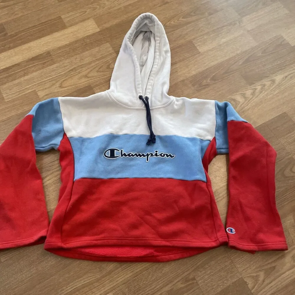 Vintage Y2K Champion Reverse Weave Color Block Cropped Hoodie Sweatshirt Size M - Picture 8 of 12
